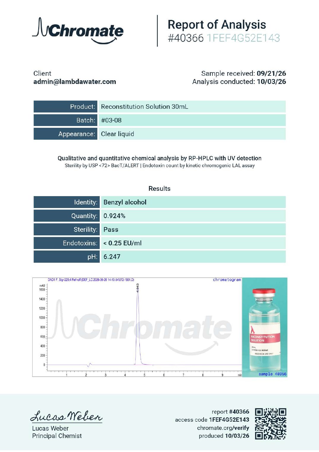Chromate Report of Analysis number 40366 for a 30 mL reconstitution solution, batch 03-08. Results: benzyl alcohol 0.924 percent, sterility pass, endotoxins under 0.25 EU per milliliter, pH 6.247.